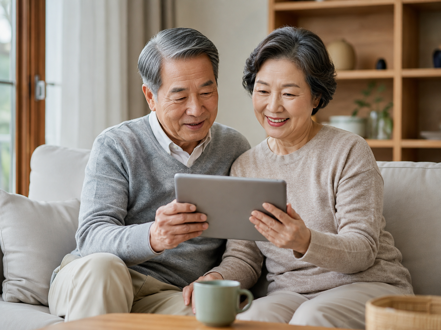 태블릿 PC로 기초연금 자격을 조회하는 노부부